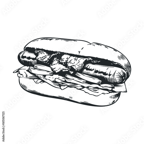 Detailed sketch of a classic hot dog with toppings in black and white