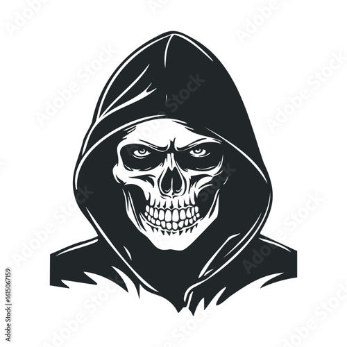 Hooded skeleton illustration with dark hood and intense expression