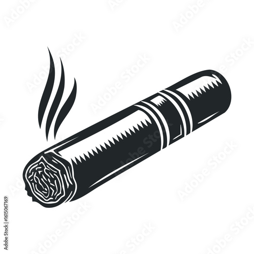 Vintage black and white illustration of a smoking cigar with smoke