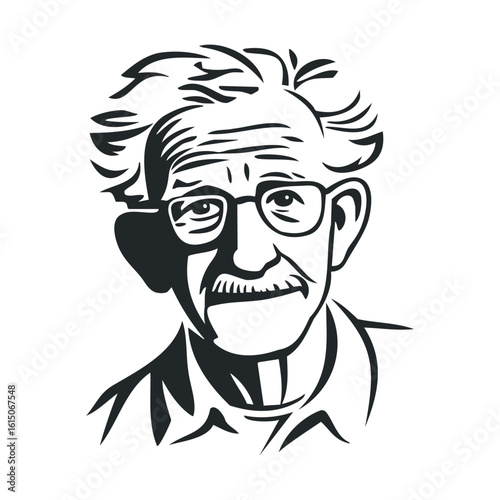 Black and white illustration of elderly caucasian male with glasses and mustache
