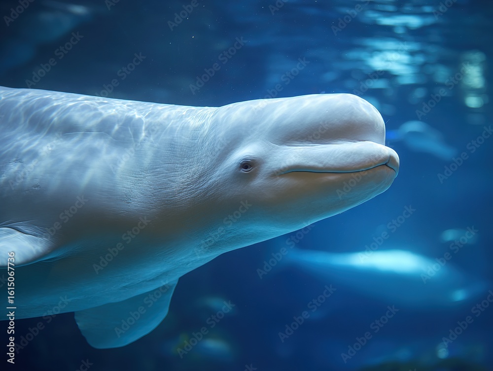Fototapeta premium Close-up of a serene beluga whale gliding gracefully through the calm blue waters of its habitat, highlighting its gentle nature and smooth features