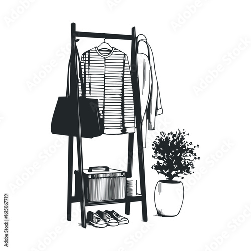 Monochrome clothes rack with striped shirt, jacket, shoes, and potted plant