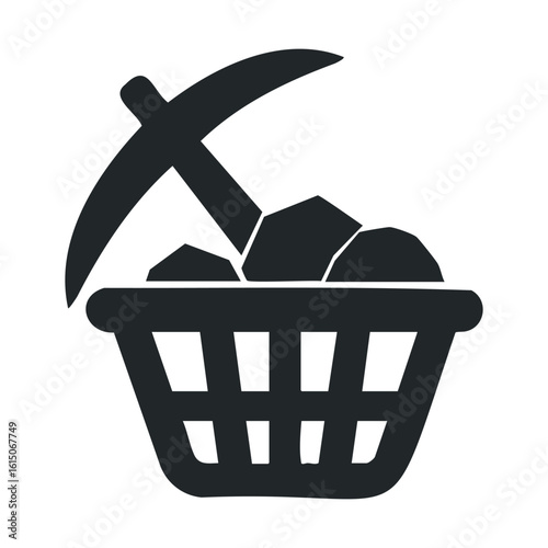 Mining basket icon with pickaxe and rocks in monochrome design