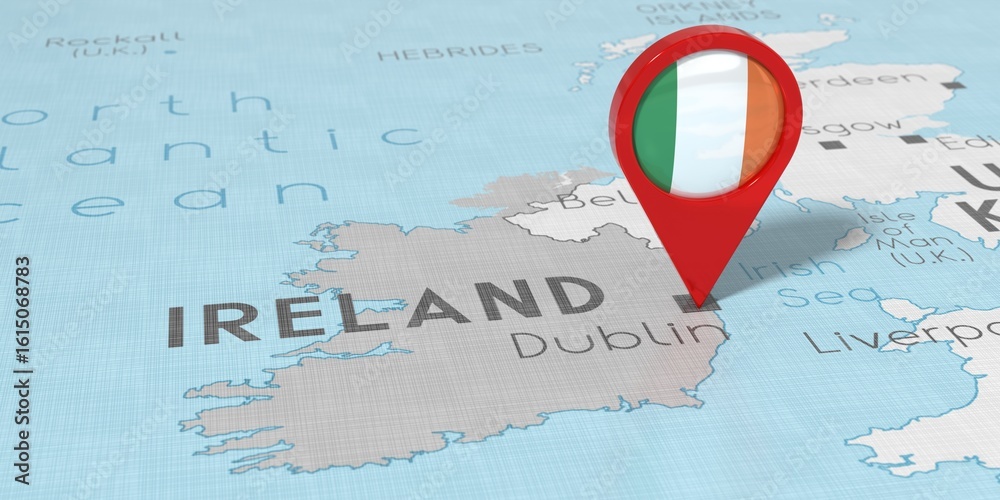 Fototapeta premium Ireland, Dublin - location pin with national flag on political map - 3D illustration