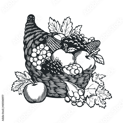 Abundant harvest cornucopia with fruits and vegetables in vintage style
