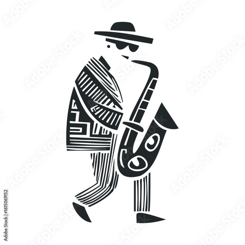 Abstract illustration of jazz musician playing saxophone in black and white