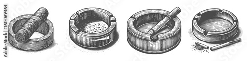 Vintage Hand-Drawn Ashtray Collection Illustration, Smoking Object Engraved Style Vector for T-Shirts and Lifestyle Themes Design