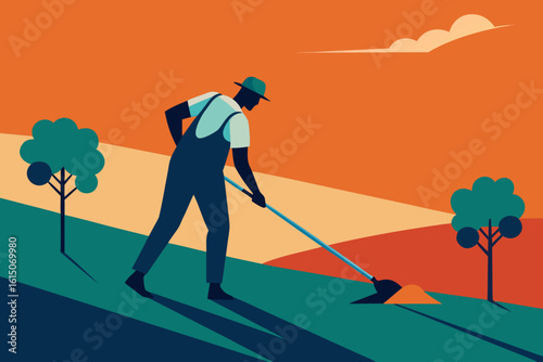 Farmer tilling soil with a hoe under a warm orange sky