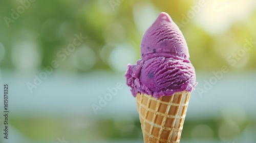 Delicious double scoop purple ice cream cone in soft focus background