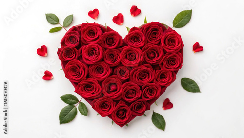 A heart-shaped arrangement of vibrant red roses is surrounded by smaller heart-shaped petals and green leaves. This floral display is perfect for romantic celebrations or anniversaries