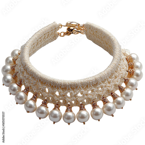 Elegant handmade pearl necklace with intricate crochet design, perfect for enhancing any outfit or occasion.