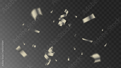 Elegant silver confetti streamer falling realistically against a transparent background for celebrations.