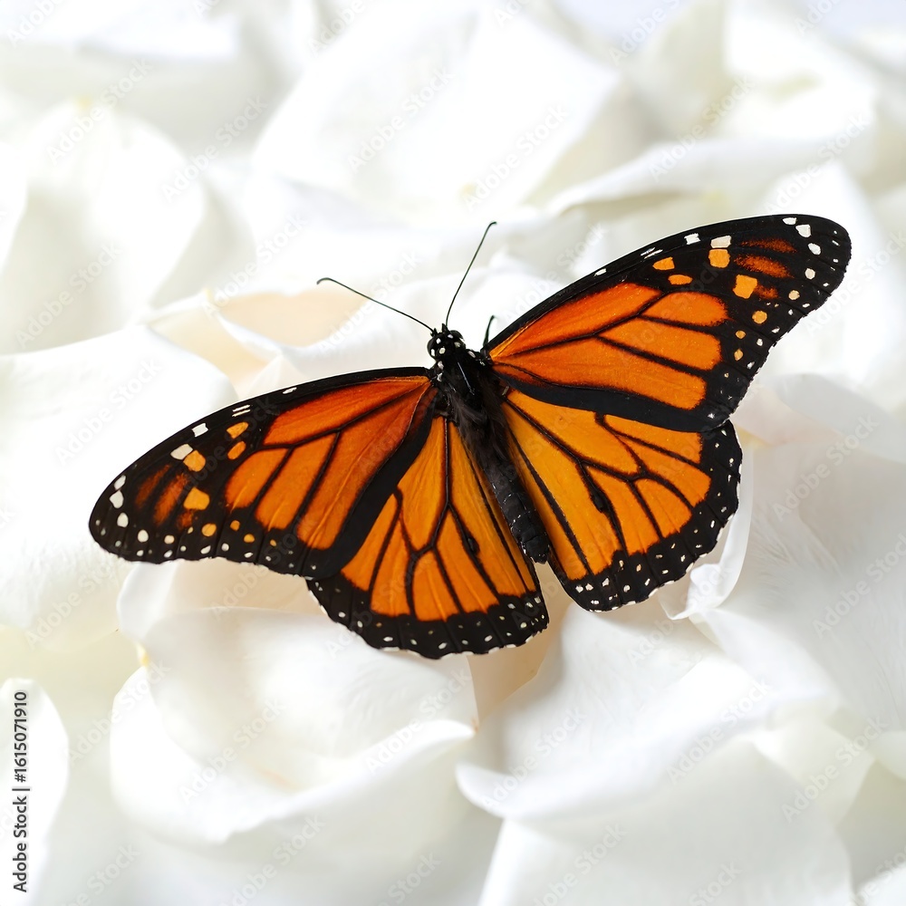 Fototapeta premium Monarch butterfly on white rose petals (1)