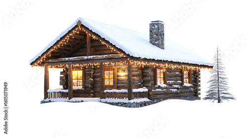 • A snow-covered cabin with twinkling Christmas lights, isolated on white background in HD 