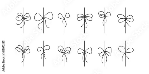 Set of Line bows on ribbon. Black line art gift decoration. Outline sketch present packaging element. Hand drawn simple Bow knots. Great for Christmas holiday birthday anniversary celebration 