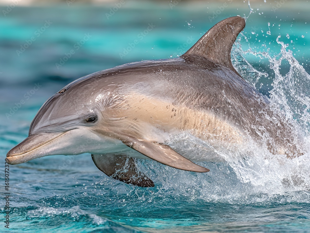 Fototapeta premium Close-up of a dolphin leaping energetically out of turquoise ocean waters, capturing its agility, playful nature, and the beauty of marine life in motion