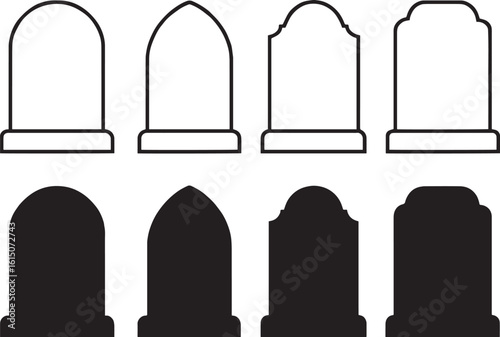 Diverse Tombstone Silhouettes A Collection of Grave Marker Designs in Black and White Graphic Illustration
