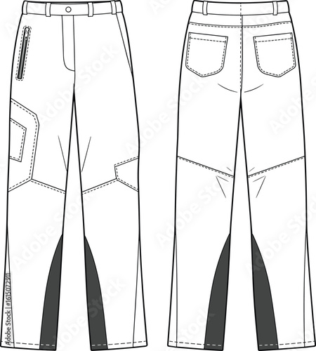 Modern cargo pants cad drawing, flat vector illustration, front and back view, zipper pocket, geometric panel design