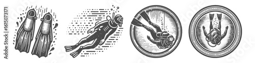 Vintage Hand-Drawn Diving Collection Illustration, Underwater Sport Engraved Style Vector for T-Shirts and Ocean Themes Design
