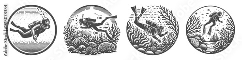 Vintage Hand-Drawn Diving With Coral Collection Illustration, Underwater Sport Engraved Style Vector for T-Shirts and Ocean Themes Design