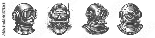 Vintage Hand-Drawn Diving Helmet Collection Illustration, Underwater Equipment Engraved Style Vector for T-Shirts and Ocean Themes Design