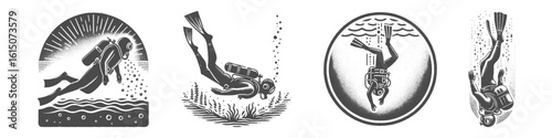 Vintage Hand-Drawn Deep Diving Collection Illustration, Underwater Sport Engraved Style Vector for T-Shirts and Ocean Themes Design