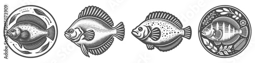 Vintage Hand-Drawn Flounder Collection Illustration, Marine Fish Engraved Style Vector for T-Shirts and Ocean Themes Design