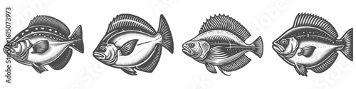 Vintage Hand-Drawn Halibut Collection Illustration, Marine Fish Engraved Style Vector for T-Shirts and Ocean Themes Design