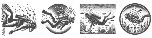 Vintage Hand-Drawn Diving Collection Illustration, Underwater Sport Engraved Style Vector for T-Shirts and Ocean Themes Design