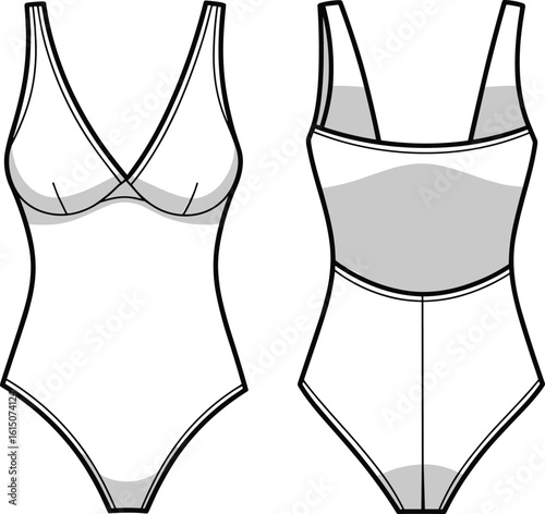 One piece swimsuit technical fashion sketch, flat vector illustration, front and back view, stylish design, lingerie inspired