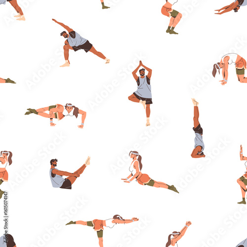 Repeatable pattern of people practicing yoga, standing and sitting in different poses, asanas. Endless background of man and woman training, doing sports exercises. Flat seamless vector illustration