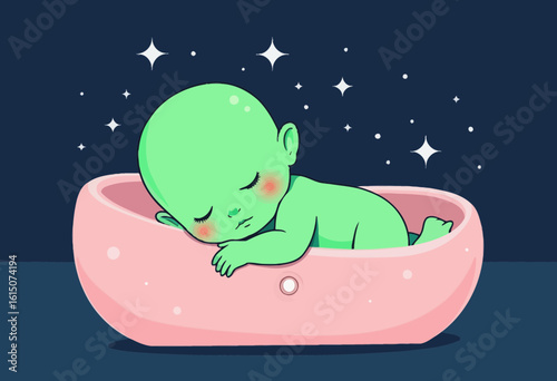 Cute cartoon alien baby sleeping in a pink bassinet under stars  