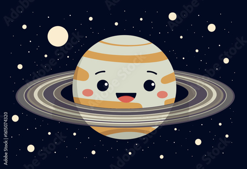 Cute cartoon Jupiter with rings and smiling face in space  
