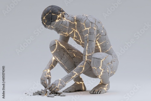 A person rebuilds a shattered statue of themself with golden seams, Kintsugi-style. This image symbolizes rebuilding identity and resilience after a crisis. Ideal for trauma, recovery