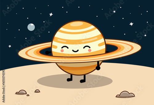 Cartoon Saturn planet smiling in space with stars and moon  