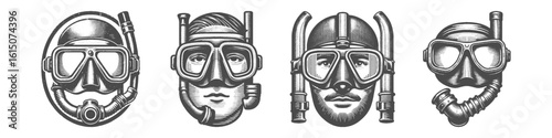 Vintage Hand-Drawn Diving Face Equipment Collection Illustration, Underwater Gear Engraved Style Vector for T-Shirts and Ocean Themes Design