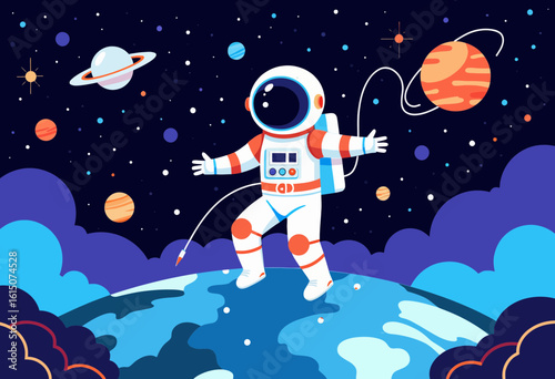 Astronaut floating in space with planets on colorful background  