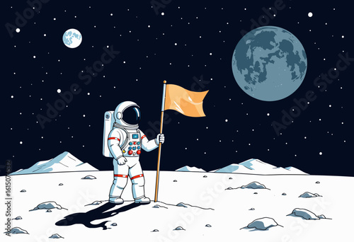 Astronaut standing on moon surface holding yellow flag under starry sky  