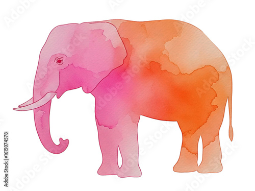 Colorful watercolor elephant illustration with pink and orange hues