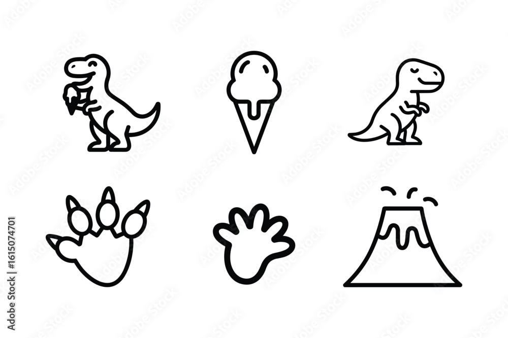 Obraz premium Dinosaur ice cream cone footprints volcano line art