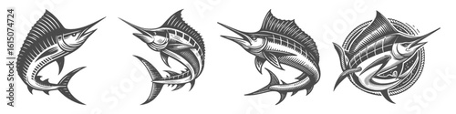 Vintage Hand-Drawn Marlin Collection Illustration, Marine Fish Engraved Style Vector for T-Shirts and Ocean Themes Design
