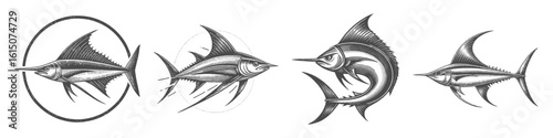Vintage Hand-Drawn Swordfish Collection Illustration, Marine Fish Engraved Style Vector for T-Shirts and Ocean Themes Design