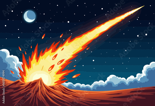 Meteor striking volcano with fiery explosion against night sky  