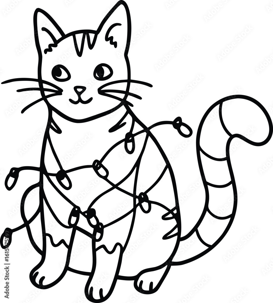 Fototapeta premium Cute cartoon vector art illustration of a domestic black kitten with a bow, funny feline animal character drawing