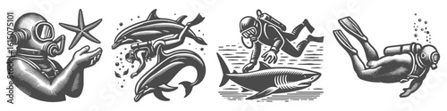 Vintage Hand-Drawn Diving with Shark and Dolphin Collection Illustration, Ocean Wildlife Engraved Style Vector for T-Shirts and Marine Adventure Themes Design