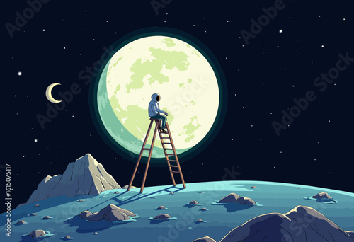 Person sitting on ladder gazing at full moon in night sky  