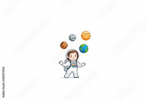 Cartoon astronaut juggling planets in space background  