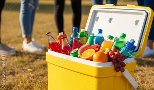 Refreshing summer cooler filled with colorful drinks and fruit ready for a picnic with friends outdoors