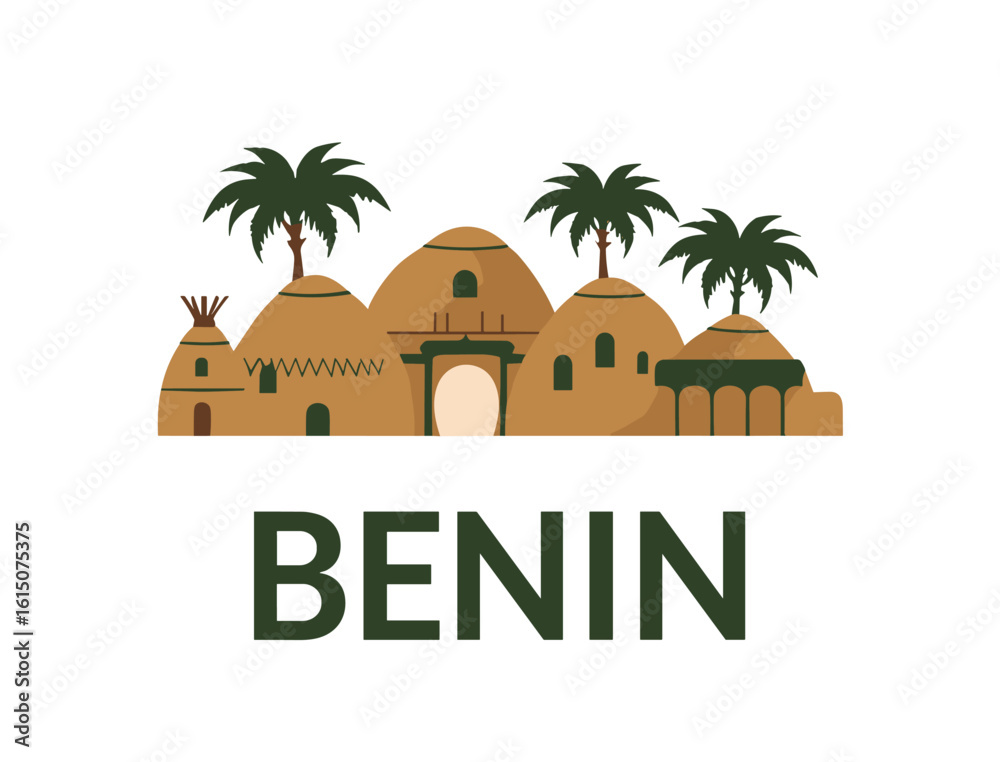 Obraz premium Vector of Benin with traditional architecture, palm trees and tribal huts. Rural African culture and history concept.