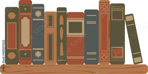 Row of vintage books on a wooden shelf library reading